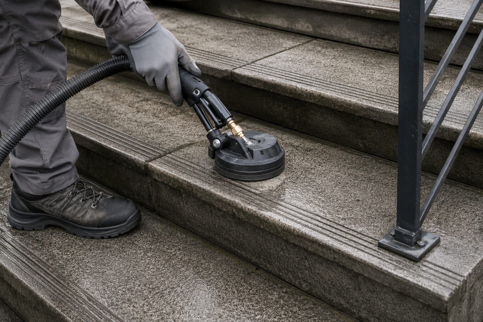 Kontrollierte Reinigung an den Kanten einer steinernen Außentreppe