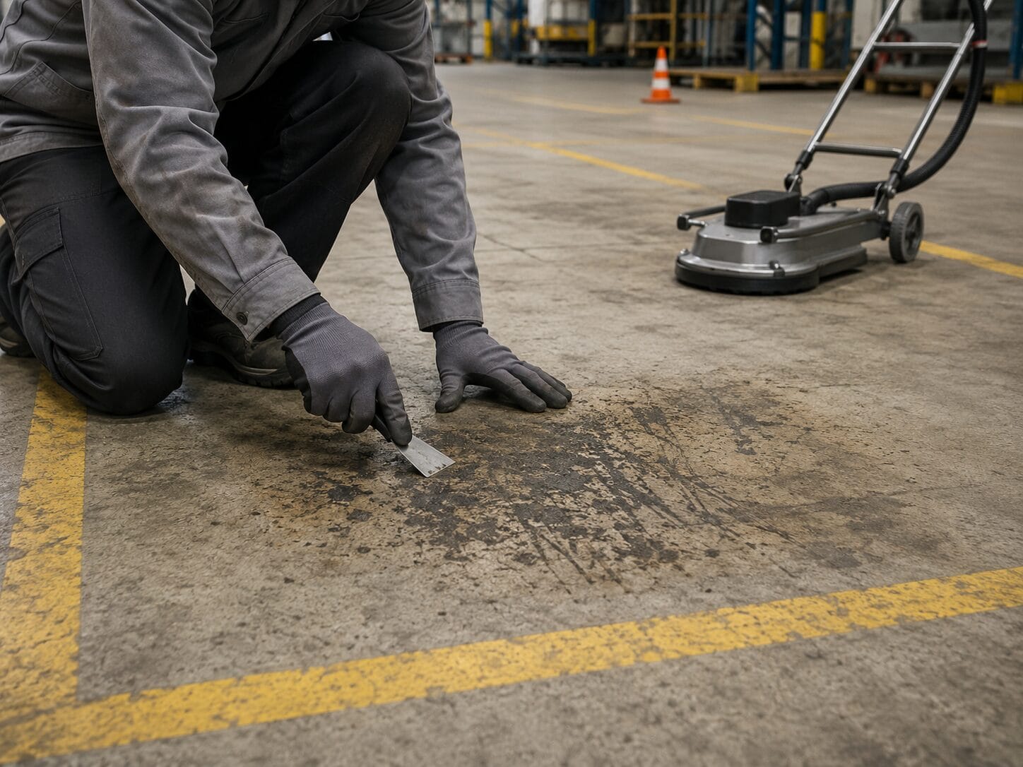 Bestandsaufnahme einer hartnäckig verschmutzten Problemzone auf einem Industrieboden
